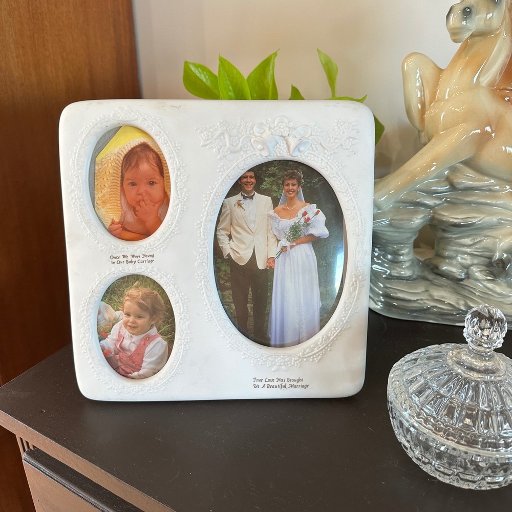 Vtg White Ceramic Wedding Collage Picture Frame Floral Bridal Shower Cottagecore